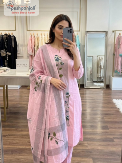 Baby Pink Embroidered straight Kurta Set with Dupatta