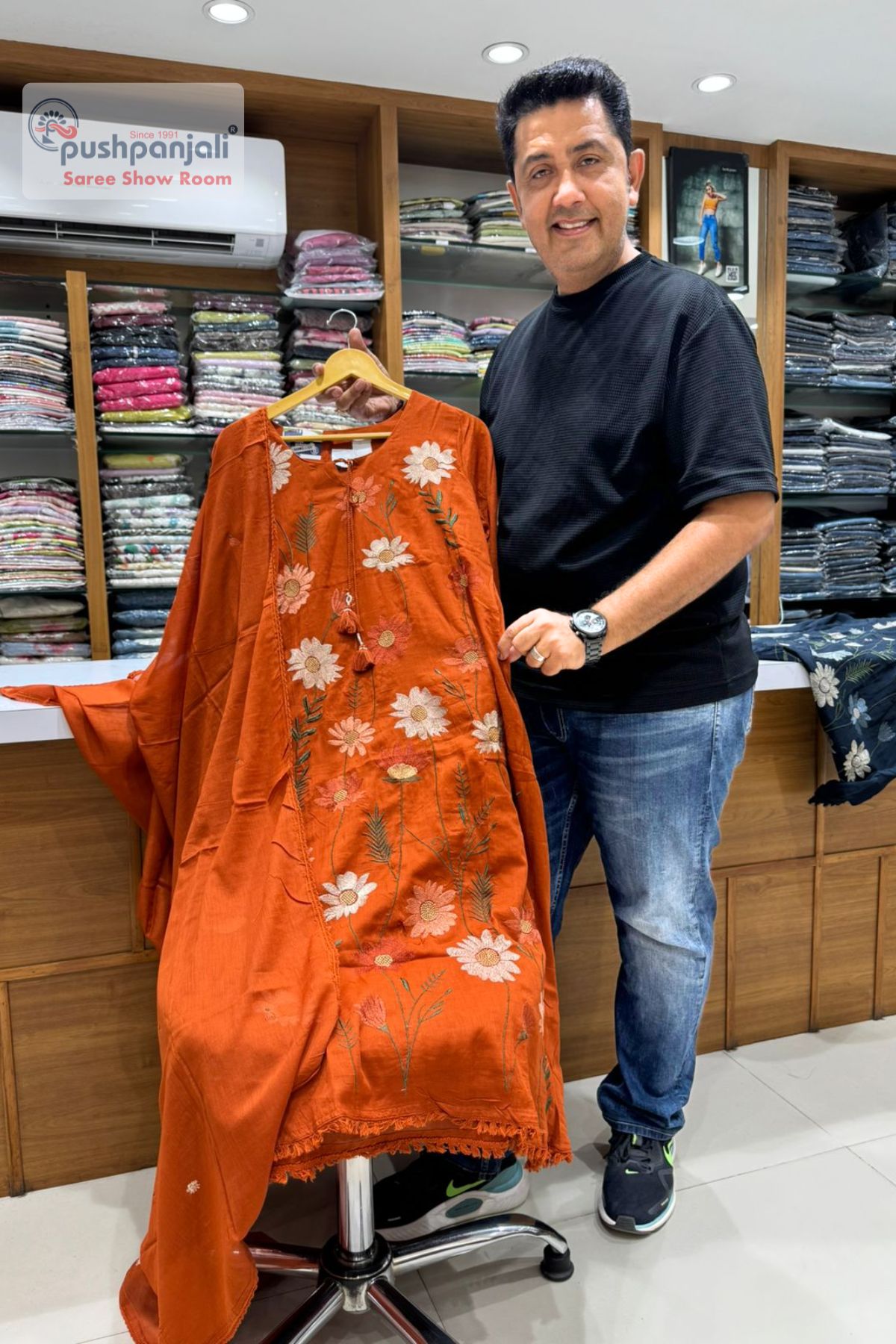 Rust Orange Floral Embroidered A-Line Kurta Set with Dupatta - Image 3