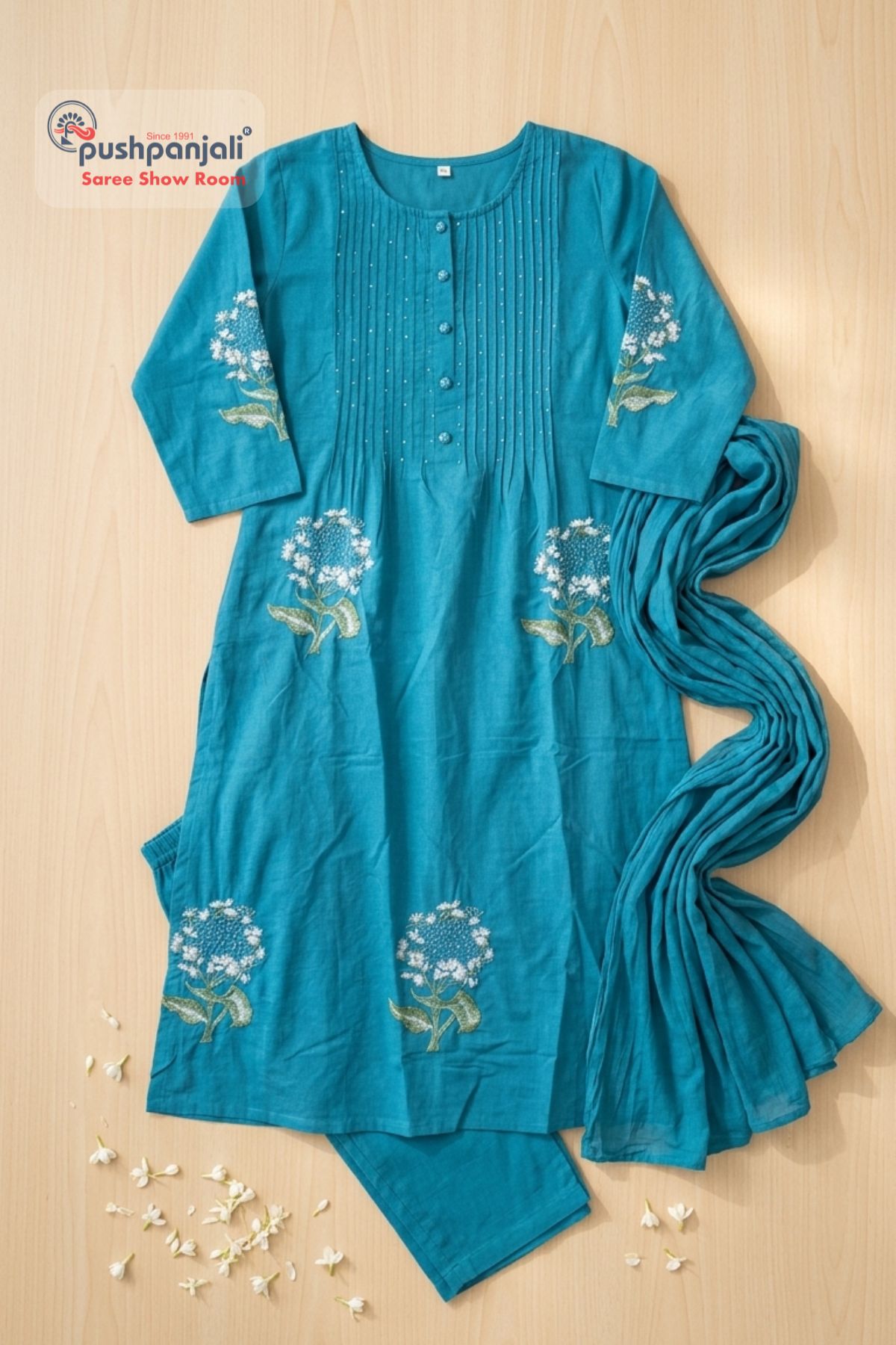 Sky Blue Embroidered A-Line Kurta Set with Dupatta - Image 3