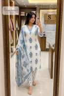 White & Sky Blue Floral Printed Straight Kurta Set with Dupatta