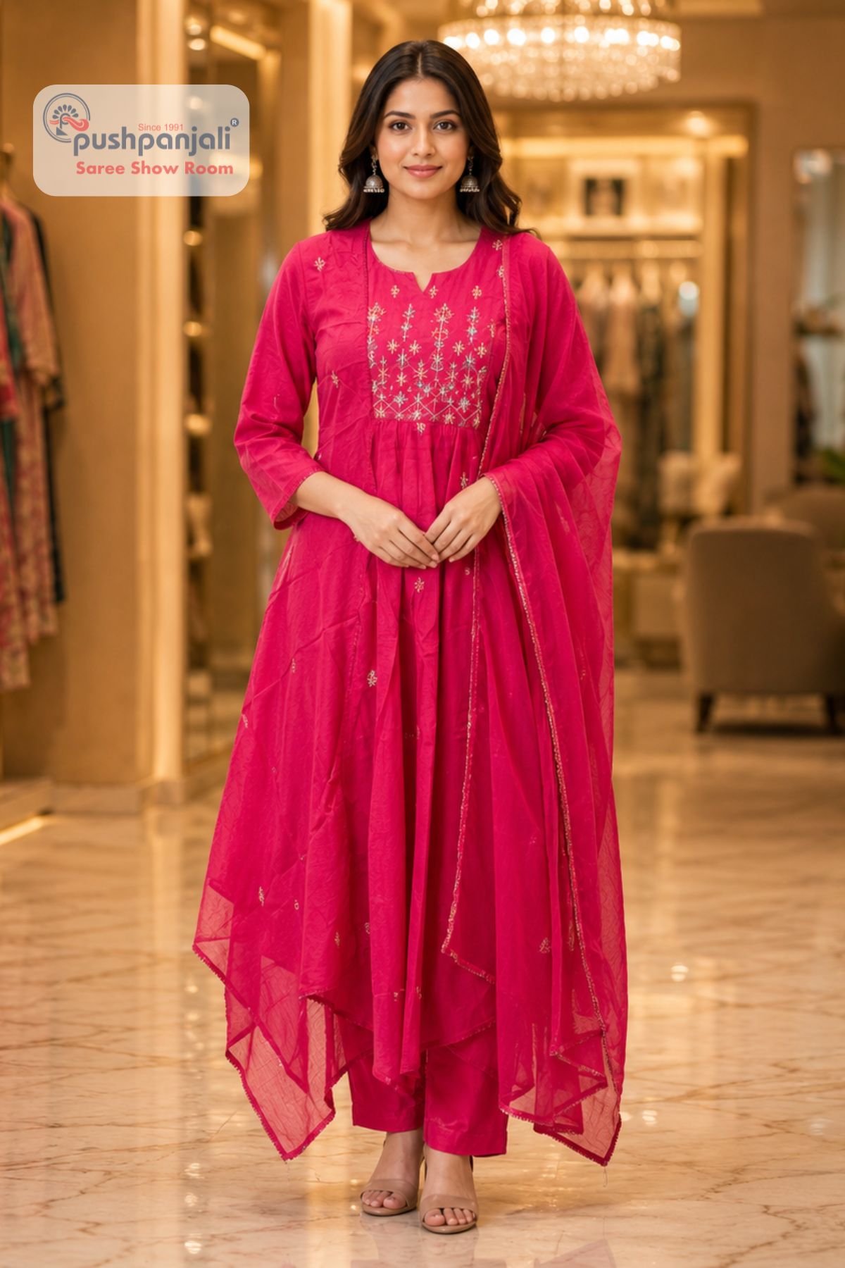 Rani Pink Embroidered Anarkali Suit Set with Dupatta