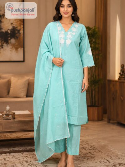 Sky Blue Embroidered Straight Fit Suit Set with Dupatta