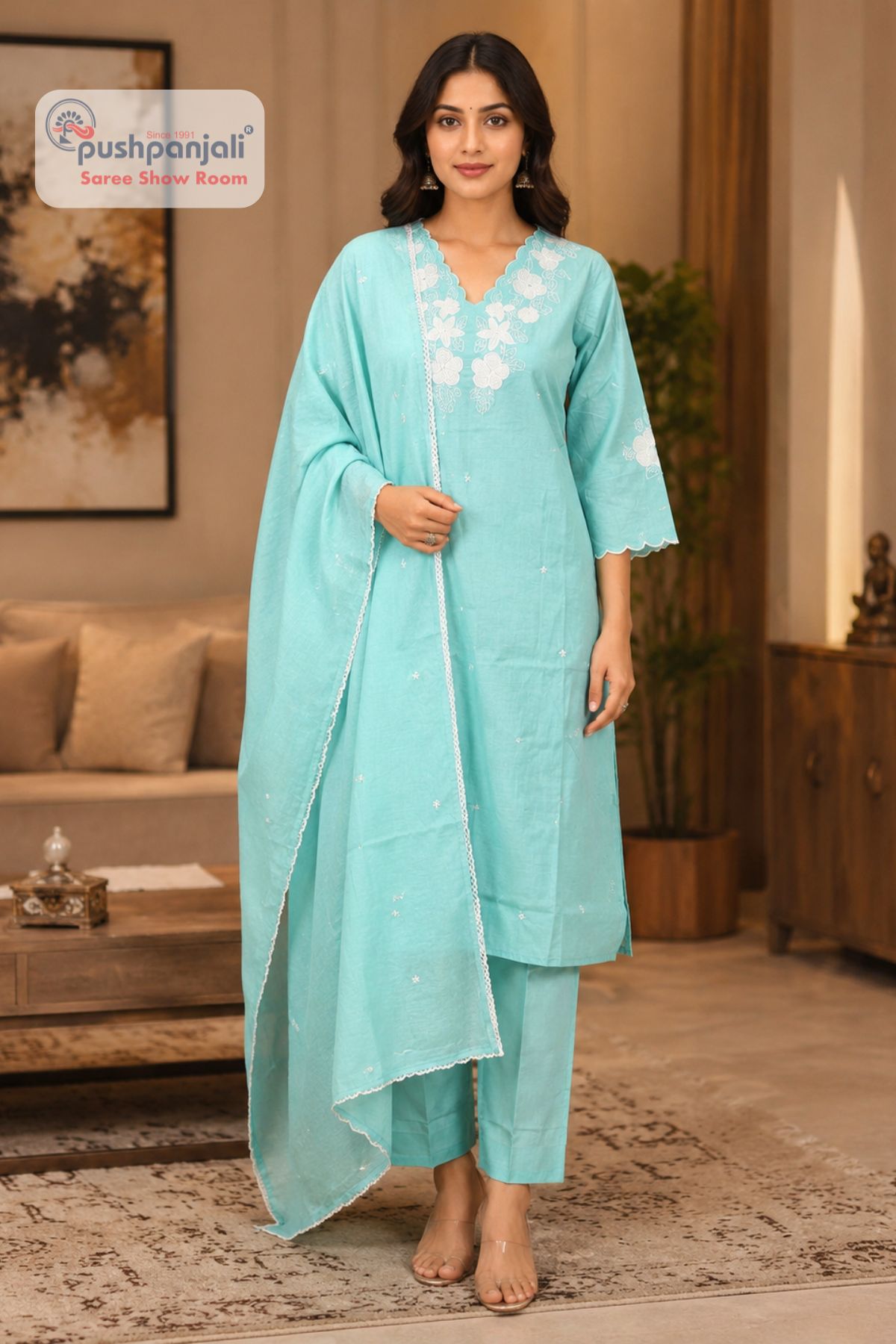 Sky Blue Embroidered Straight Fit Suit Set with Dupatta