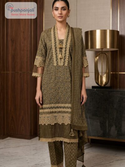 Olive Green Printed Straight Fit Suit Set with Dupatta