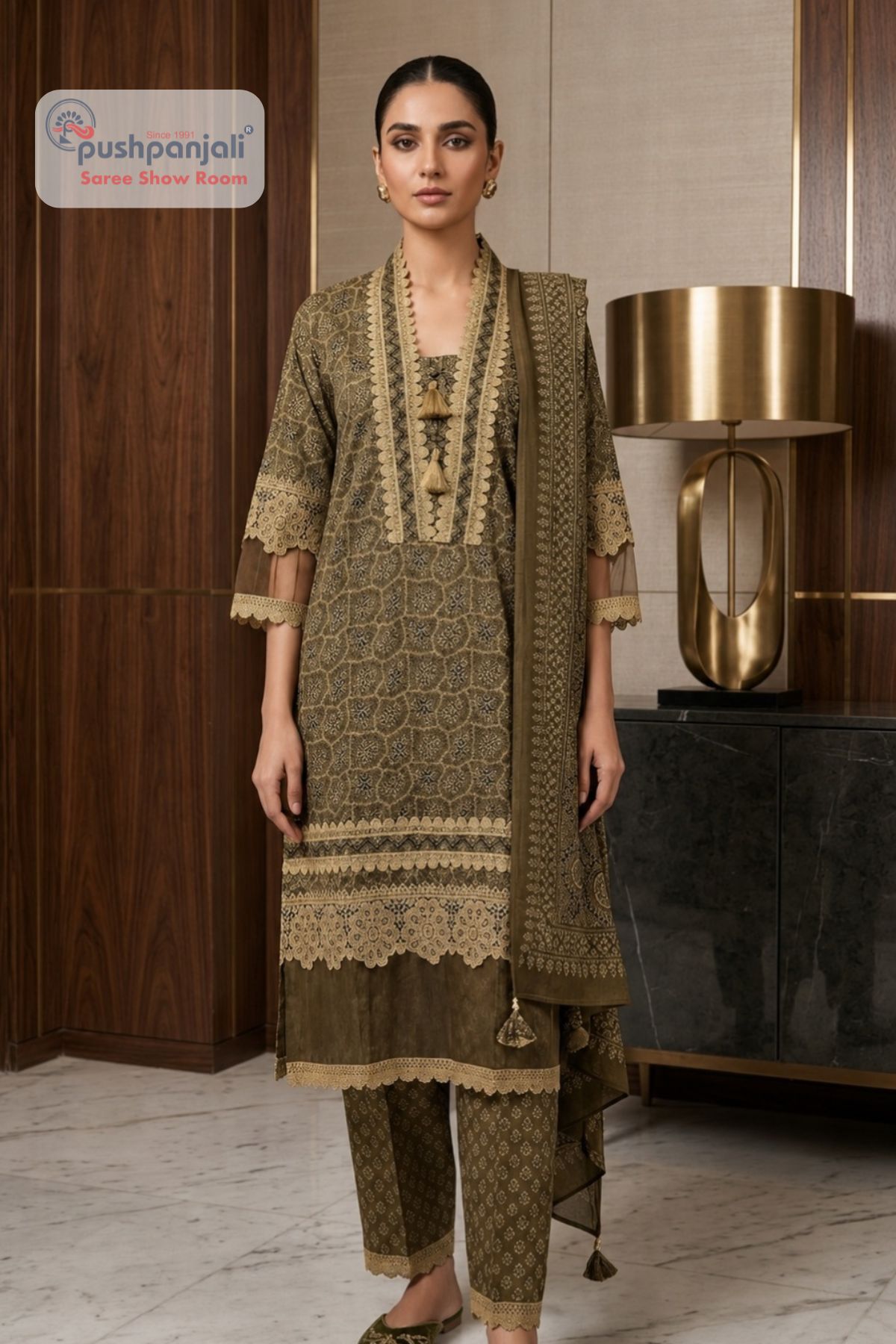 Olive Green Printed Straight Fit Suit Set with Dupatta
