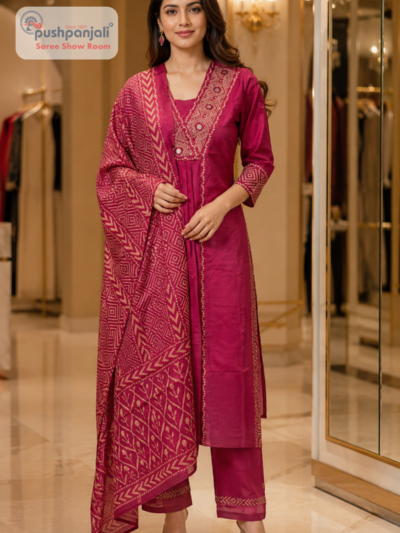 Rani Pink Straight Fit Suit Set with Dupatta