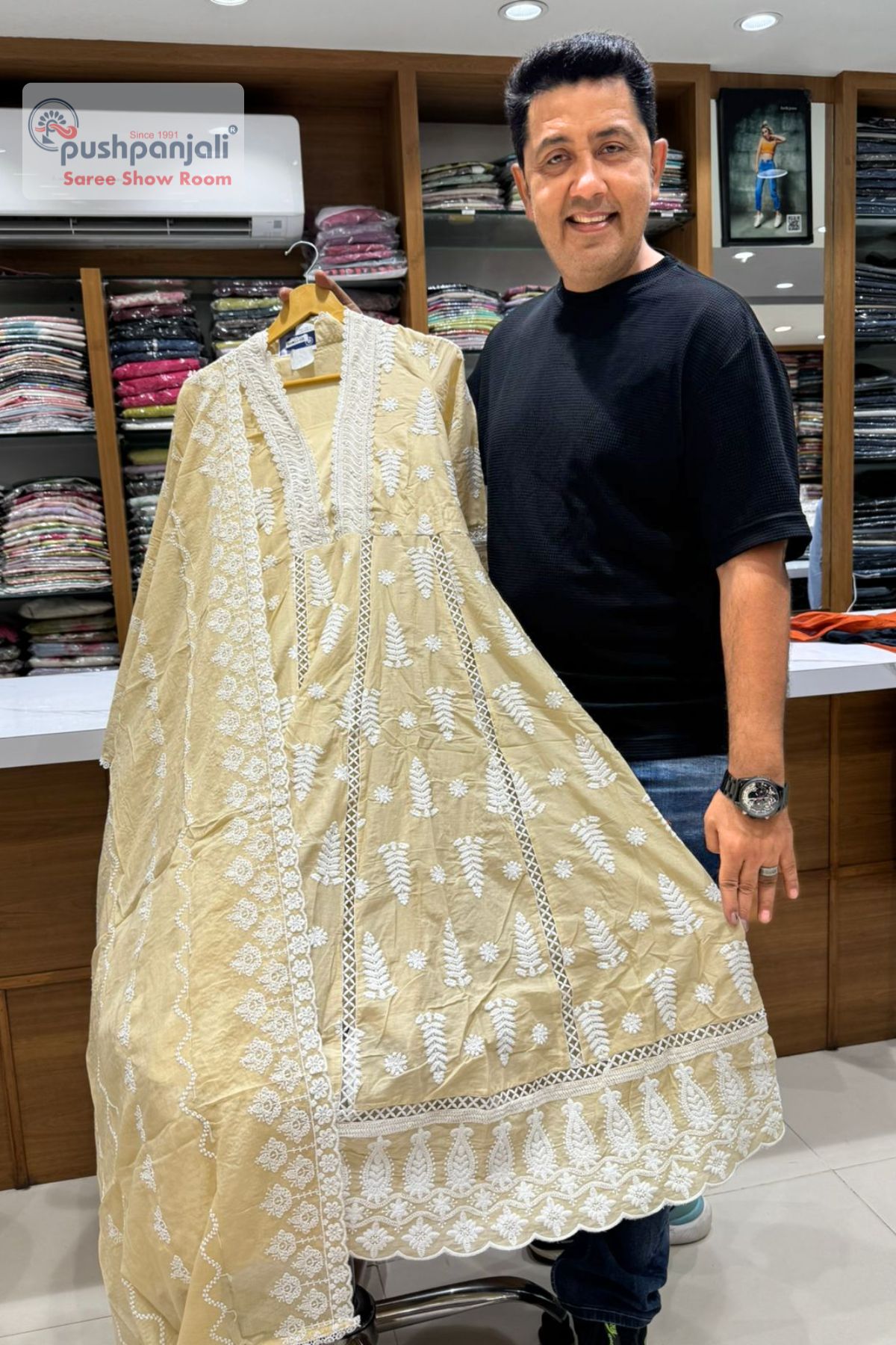 Cream Beige Chikankari A-Line Kurta Set with Dupatta - Image 3