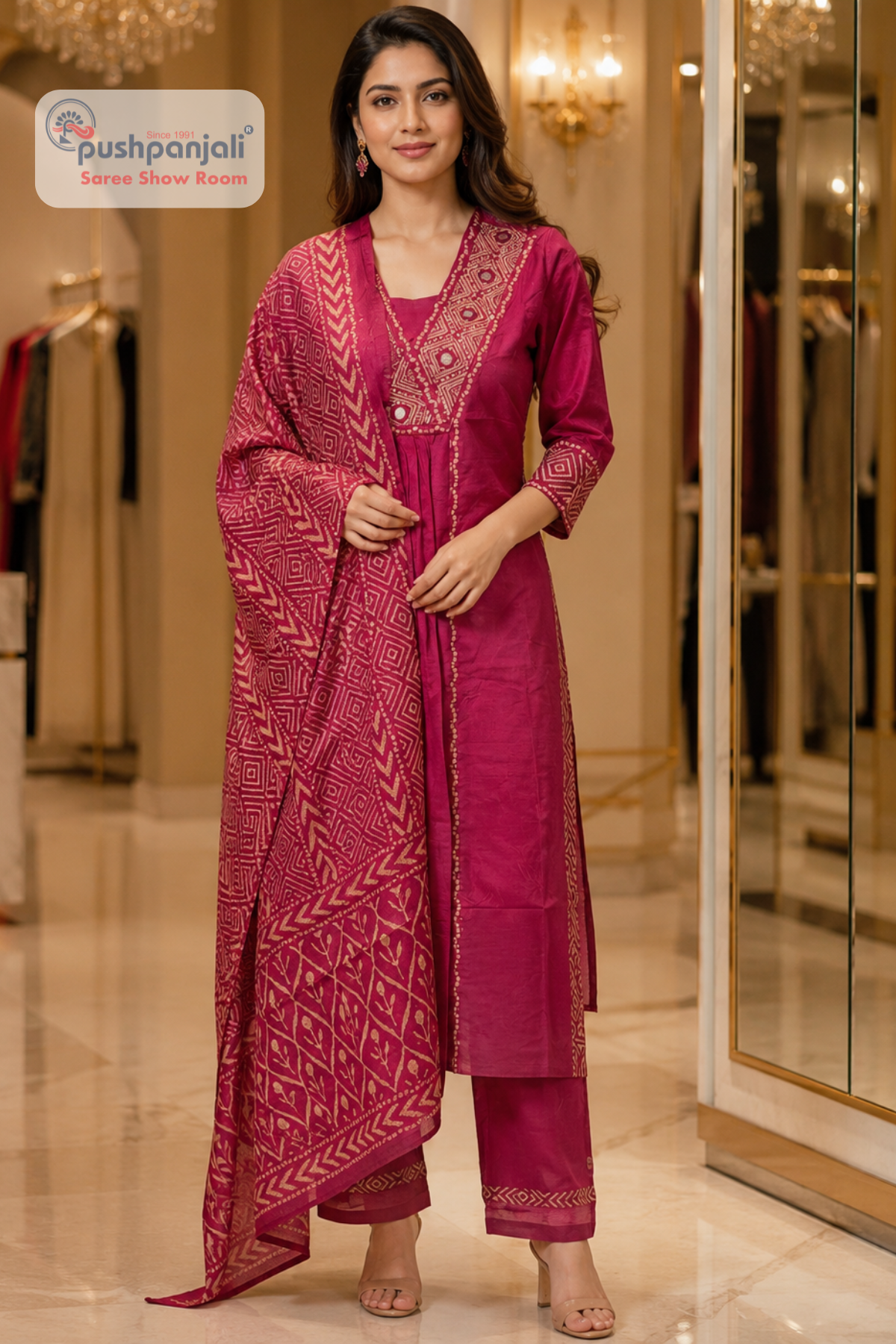 Rani Pink Straight Fit Suit Set with Dupatta