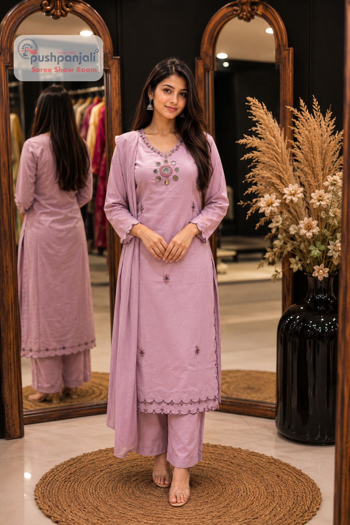 Lavender Embroidered Straight Fit Suit Set