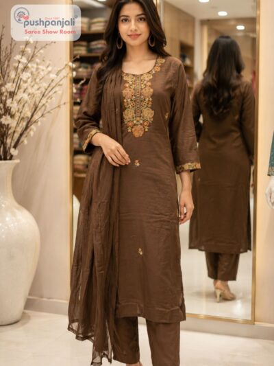 Chocolate Brown Embroidered Straight Fit Suit Set