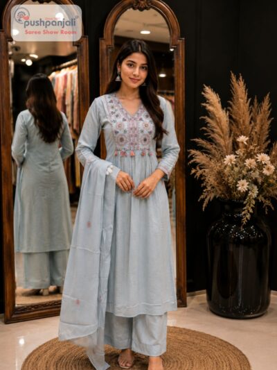 Powder Blue Embroidered A-Line Suit Set