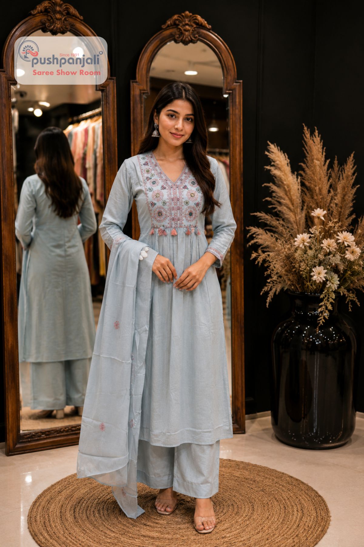 Powder Blue Embroidered A-Line Suit Set