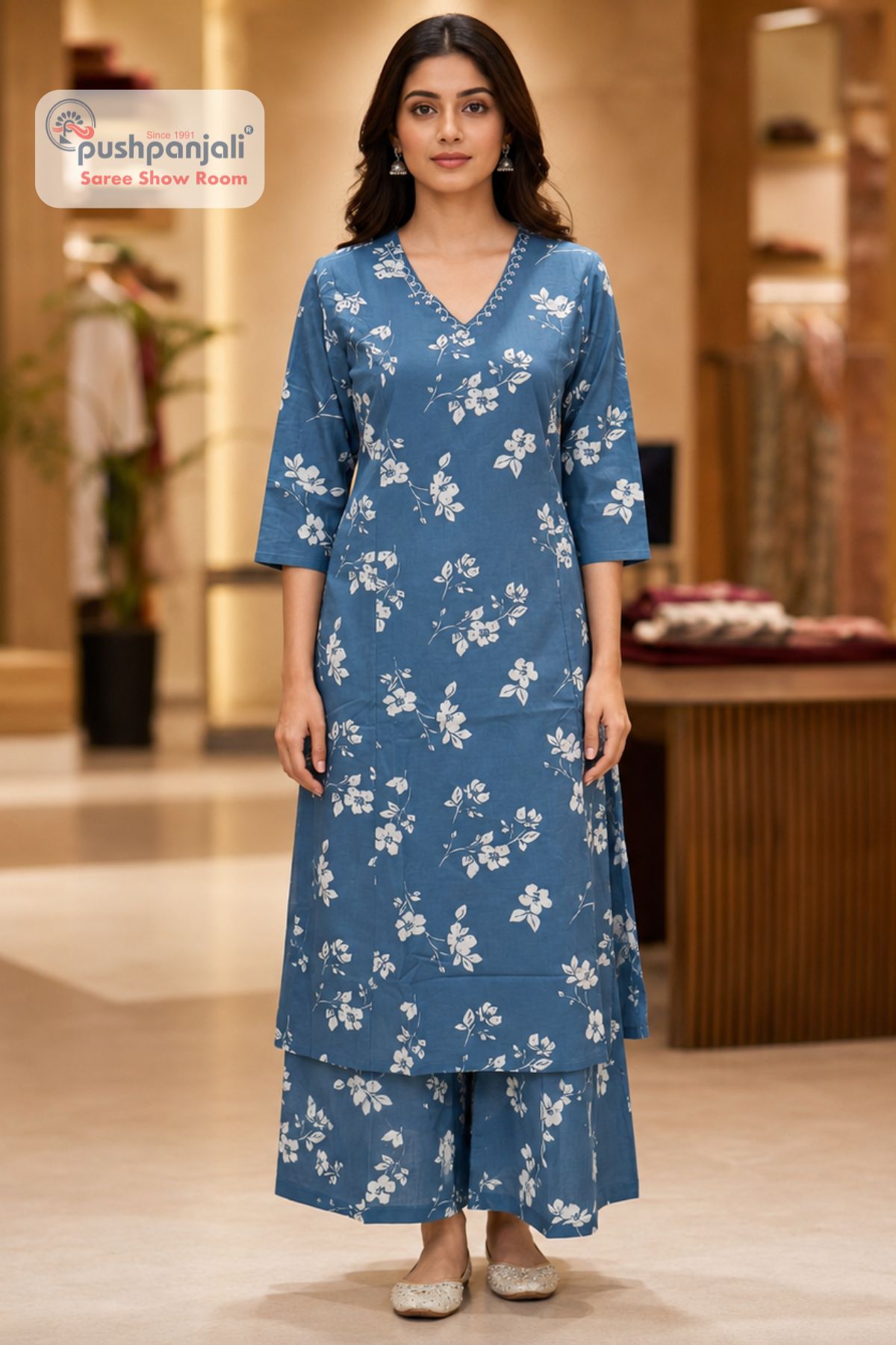 Steel Blue Floral Printed A-Line Suit Set
