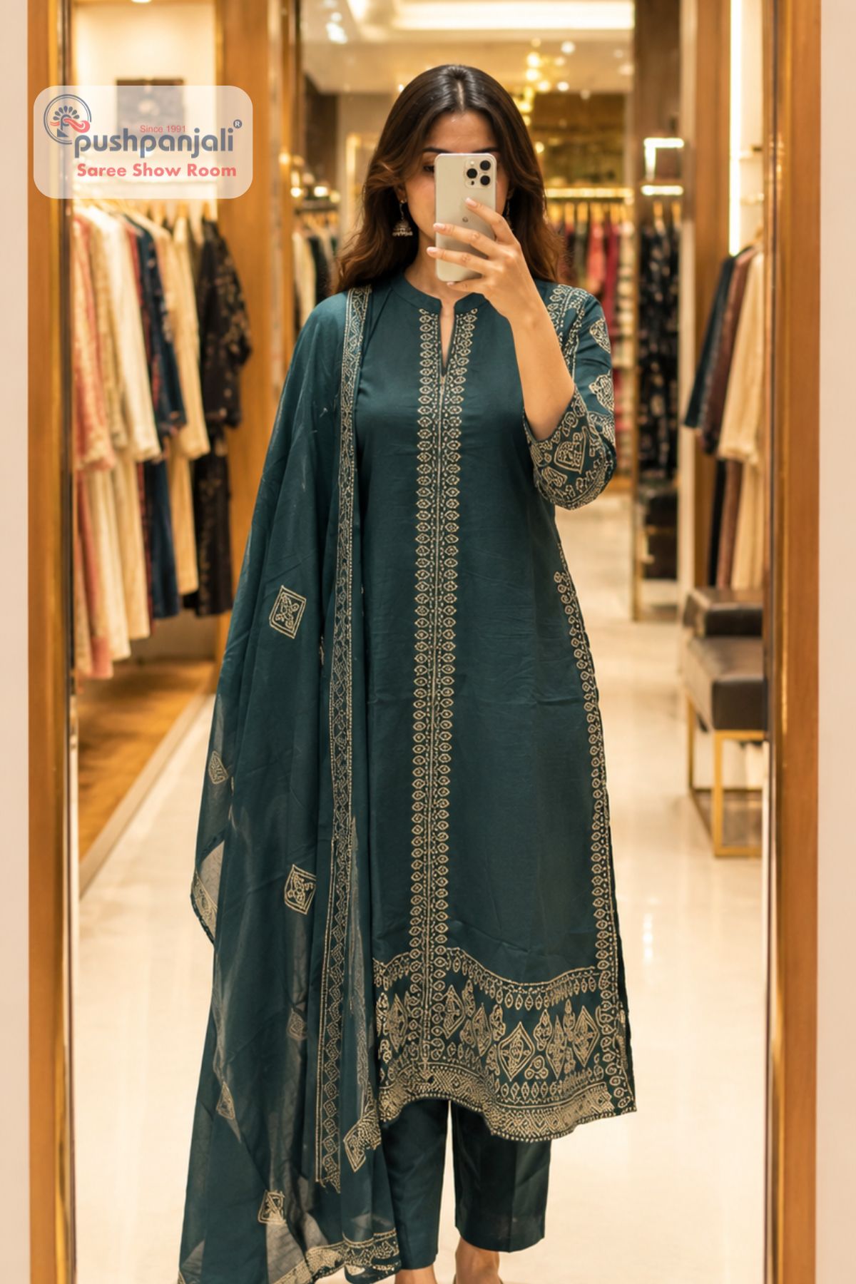 Teal Green Embroidered A-Line Suit Set - Image 2