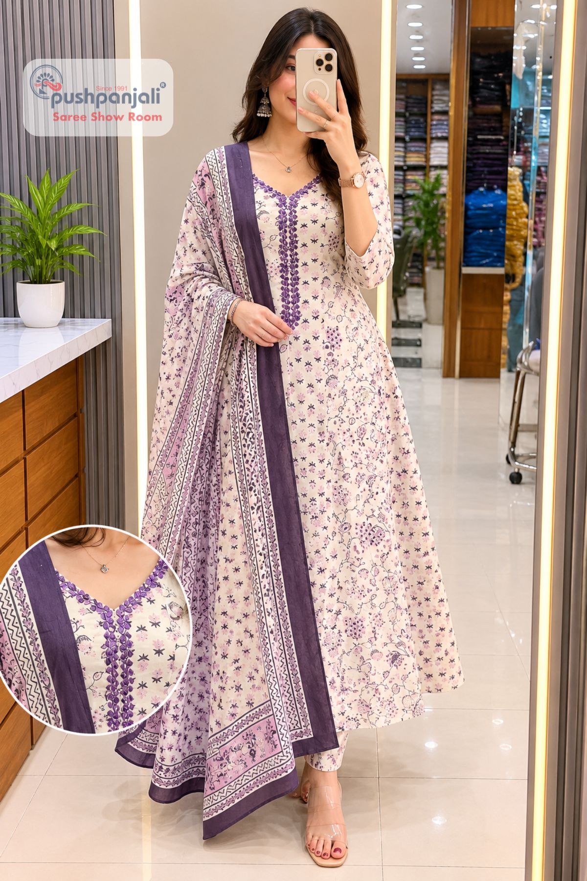 Ivory Lavender Floral Printed A-Line Suit Set with Dupatta