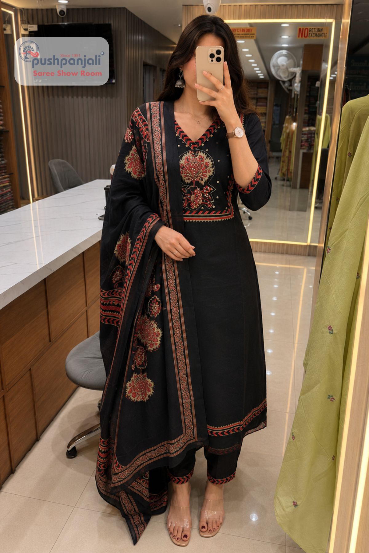 Black Ethnic Printed Straight Fit Suit Set with Dupatta - Image 2