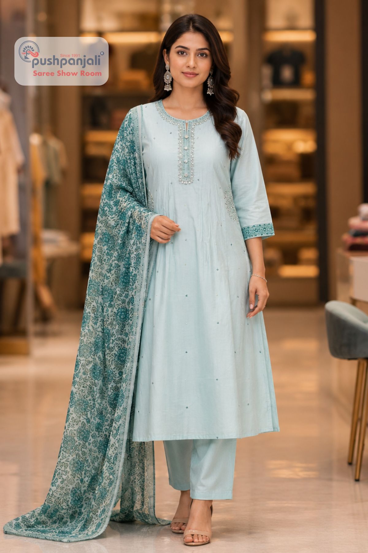 Powder Blue Straight Fit Suit Set with Printed Dupatta