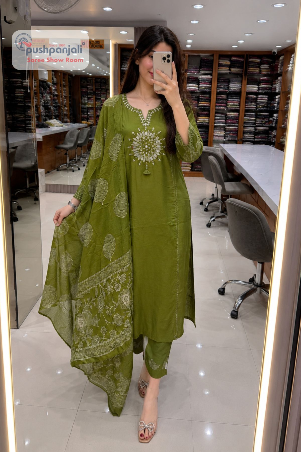 Olive Green Straight Fit Ethnic Suit Set with Printed Dupatta - Image 2