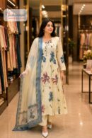 Cream & Blue Floral Printed Anarkali Kurti Set with Dupatta for Women