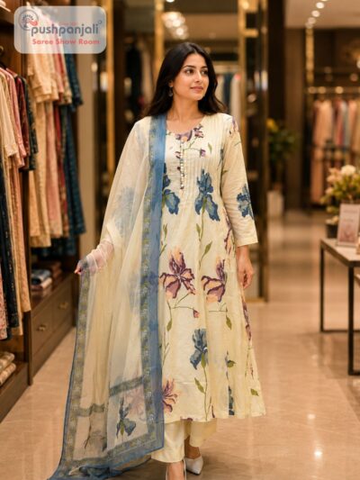 Cream & Blue Floral Printed Anarkali Kurti Set with Dupatta for Women