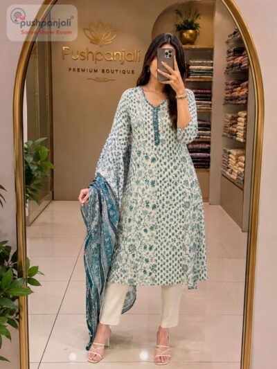 Ivory White & Teal Blue Floral Printed A-Line Kurta Set with Dupatta