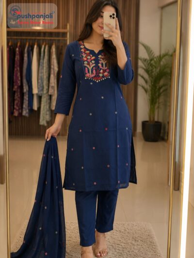 Navy Blue Embroidered Straight Kurta Set with Dupatta
