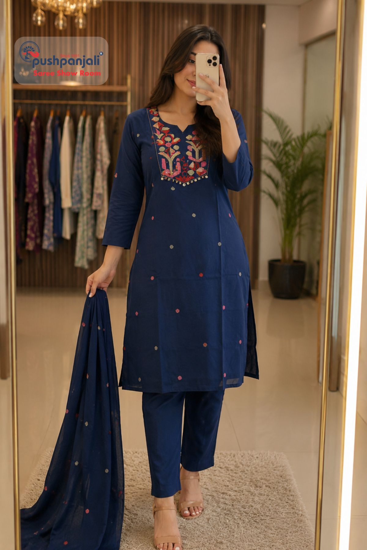Navy Blue Embroidered Straight Kurta Set with Dupatta