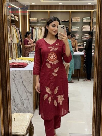 Wine Red Floral Embroidered Kurta Set with Dupatta