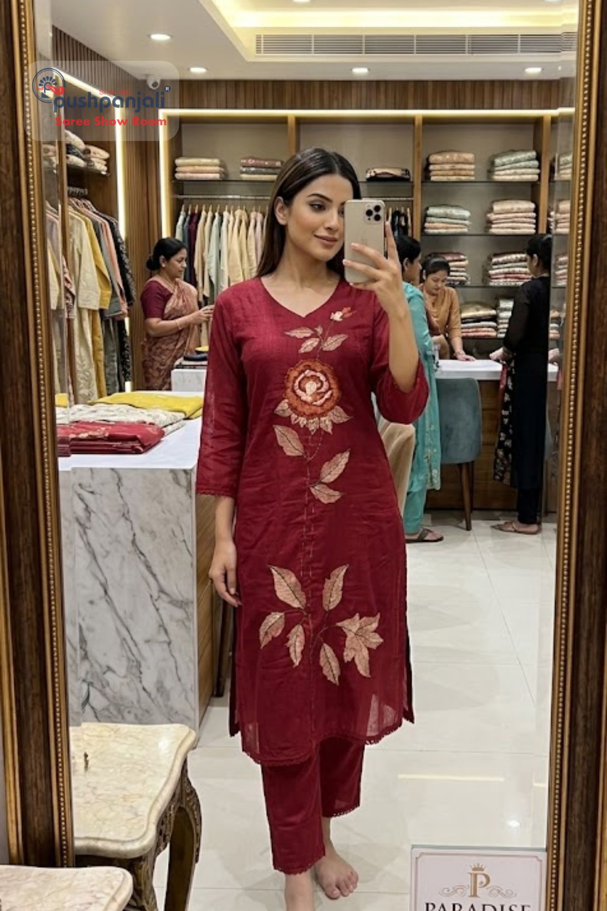 Wine Red Floral Embroidered Kurta Set with Dupatta