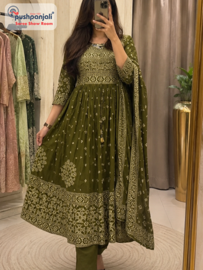 Mehendi Green Printed A-Line Kurta Set with Dupatta