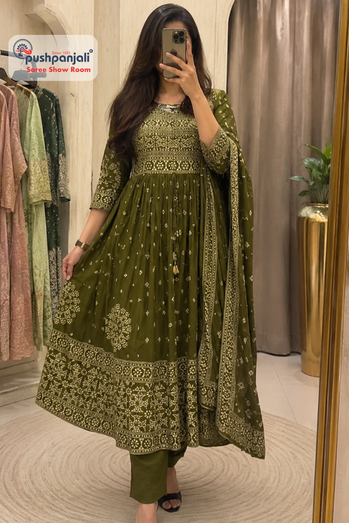 Mehendi Green Printed A-Line Kurta Set with Dupatta