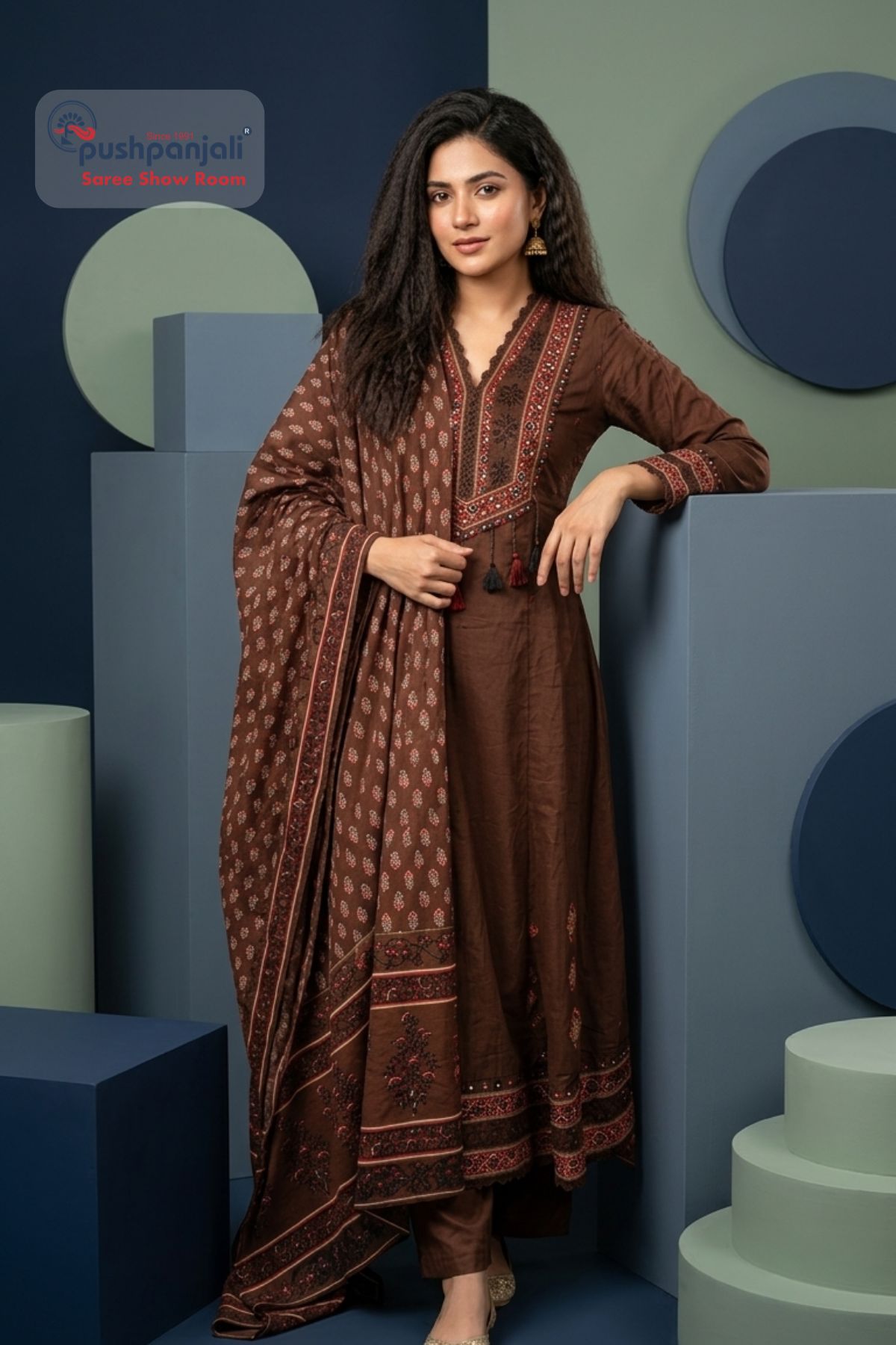 Chocolate Brown A-Line Kurta Set with Printed Dupatta - Image 3