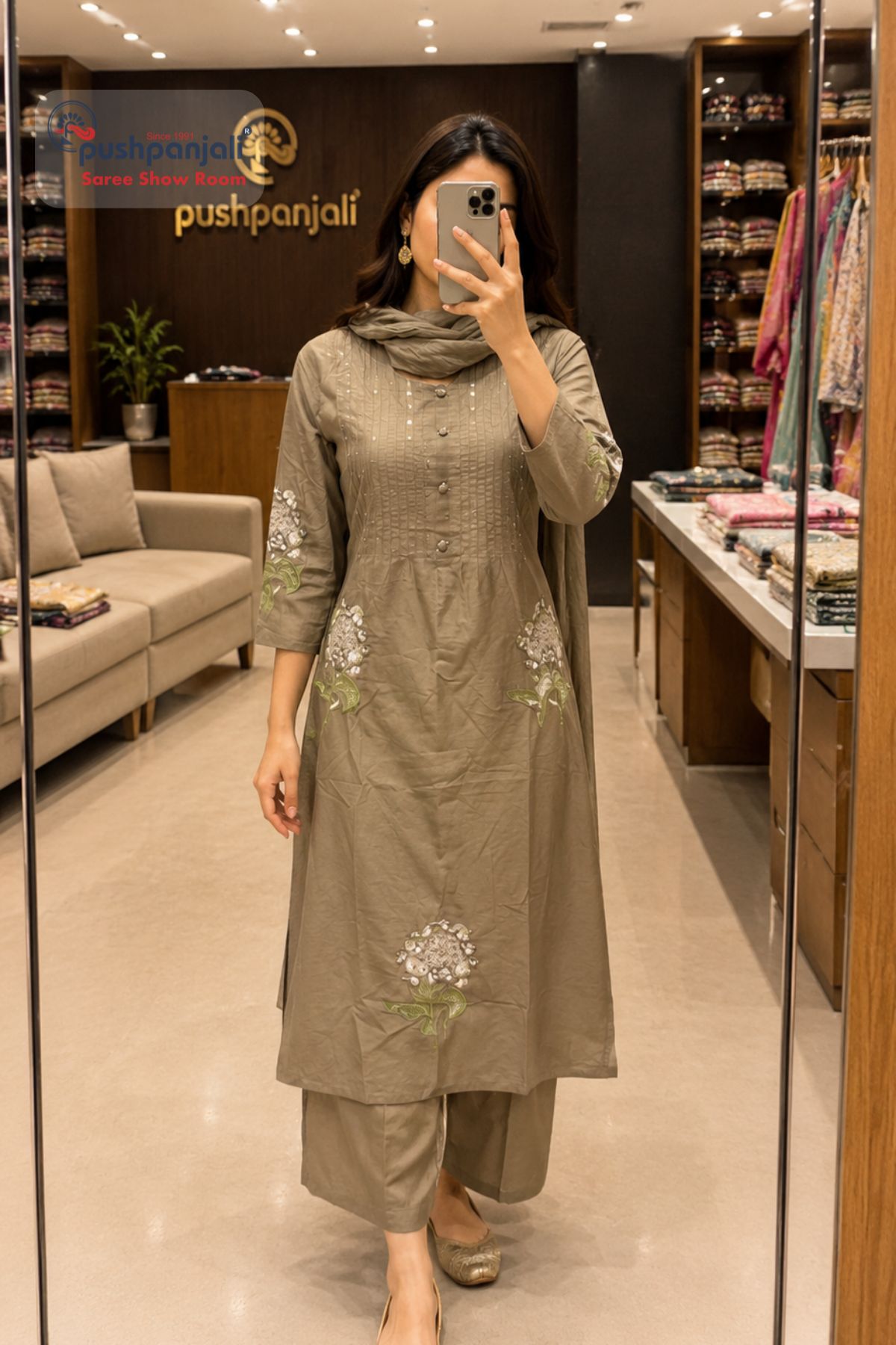 Olive Taupe Embroidered A-Line Kurta Set with Dupatta