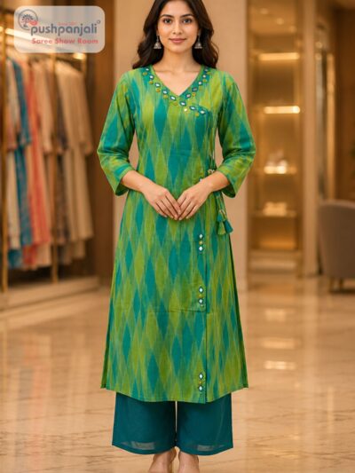 Lime Green Ikat Print Straight Kurta Pant Set