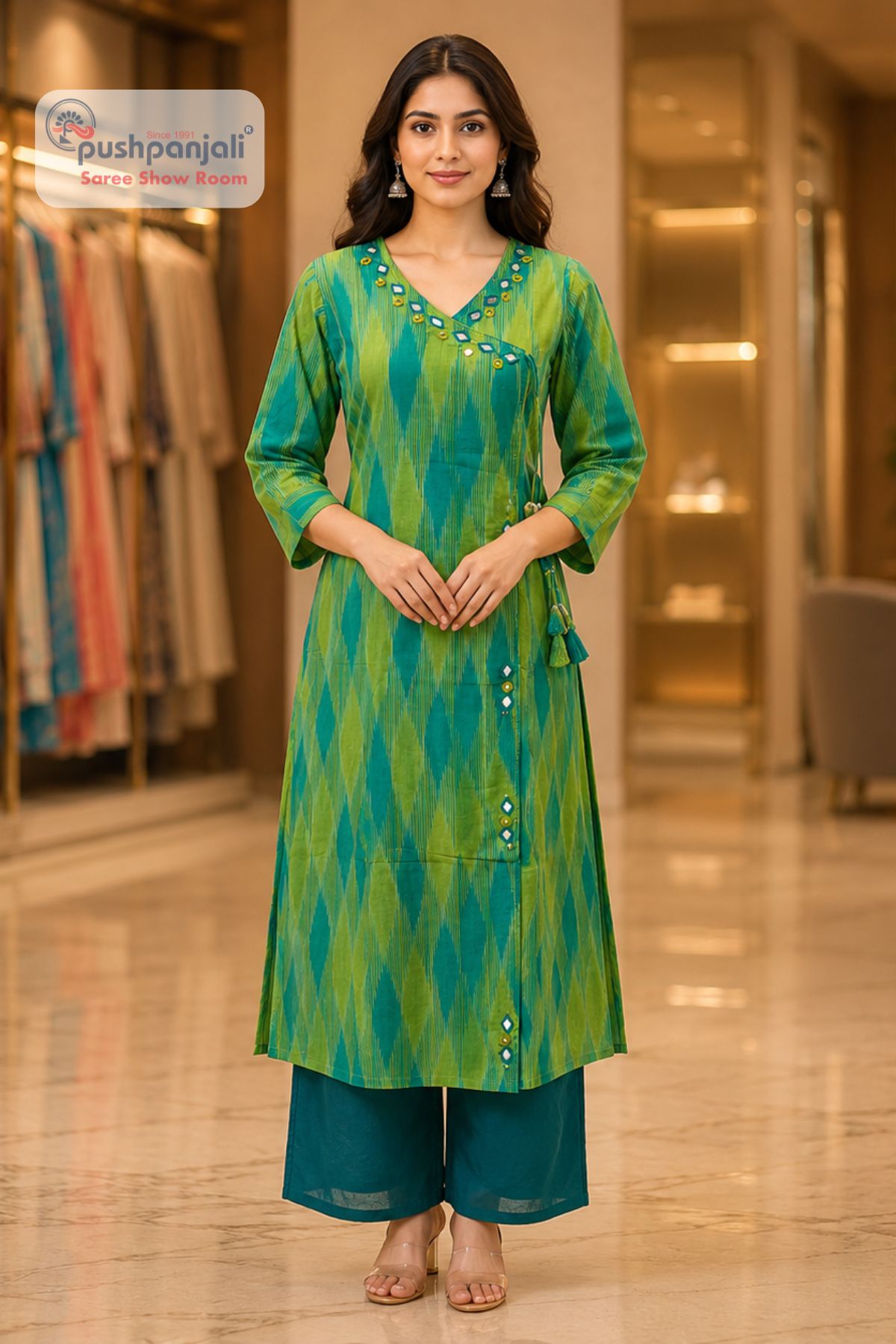 Lime Green Ikat Print Straight Kurta Pant Set