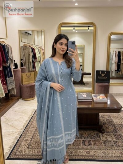 Mist Blue Embroidered Straight Kurta Set with Dupatta