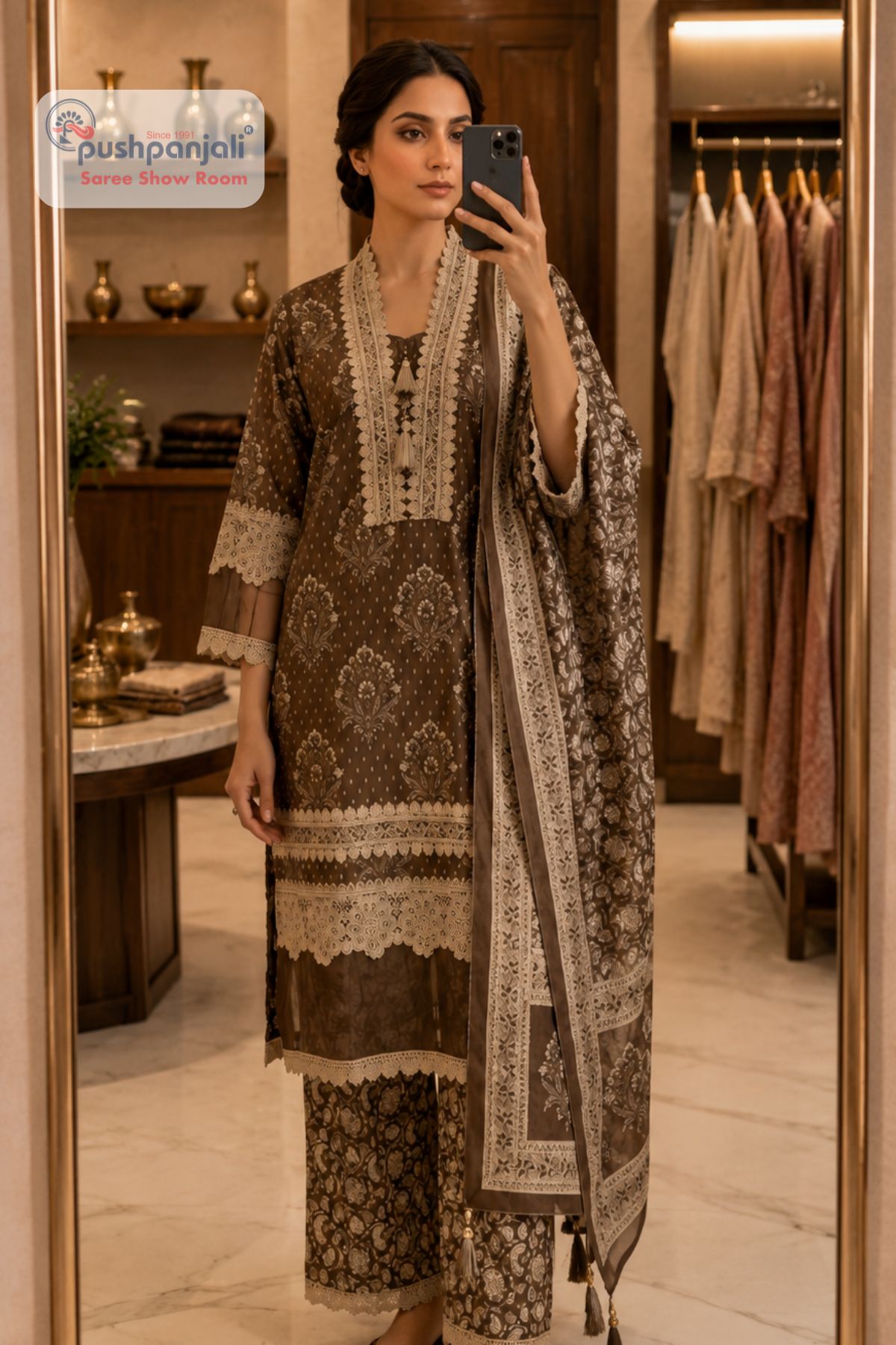 Coffee Brown Designer Straight Fit Suit Set with Printed Dupatta - Image 2