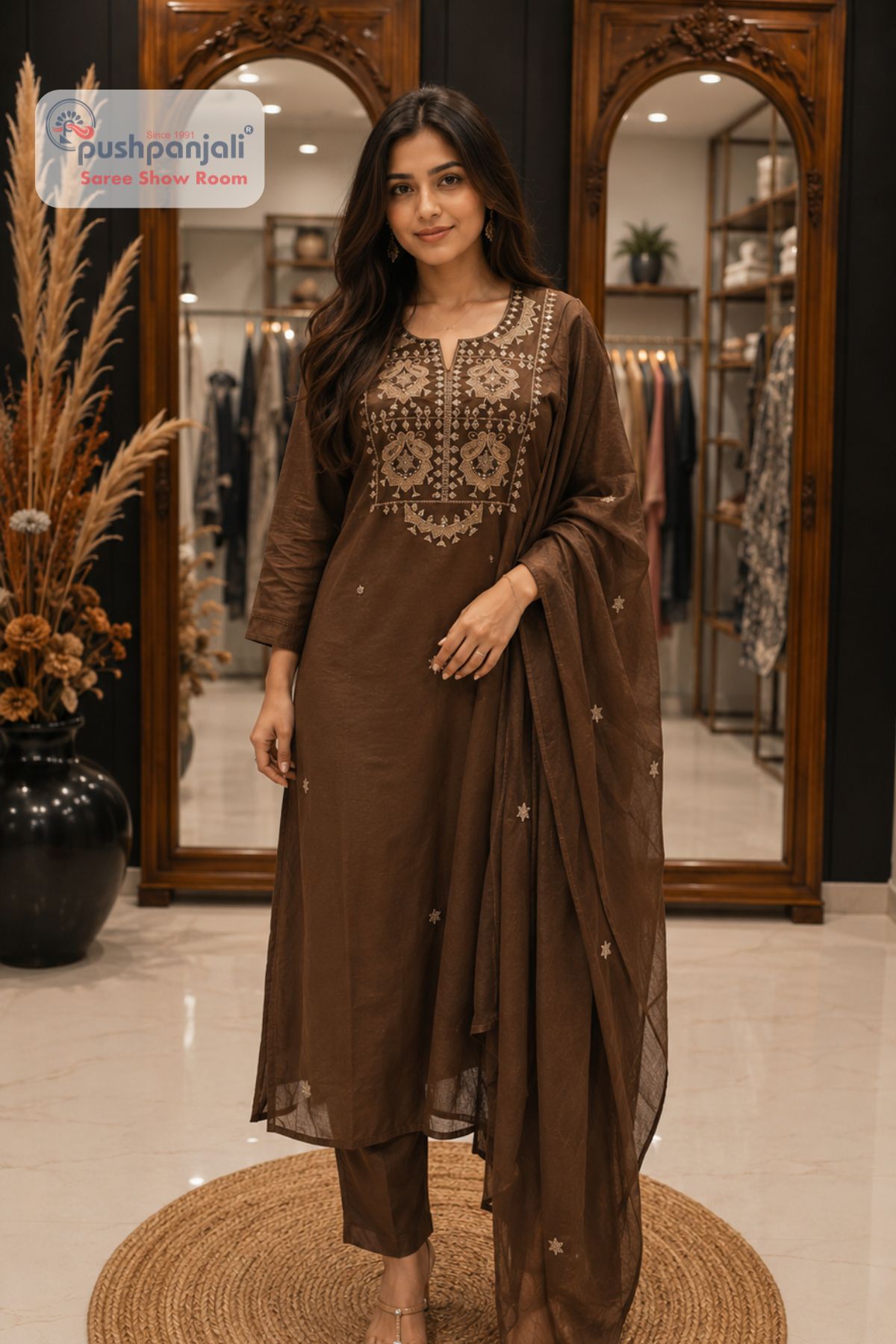 Chocolate Brown Royal Embroidered Straight Fit Suit Set