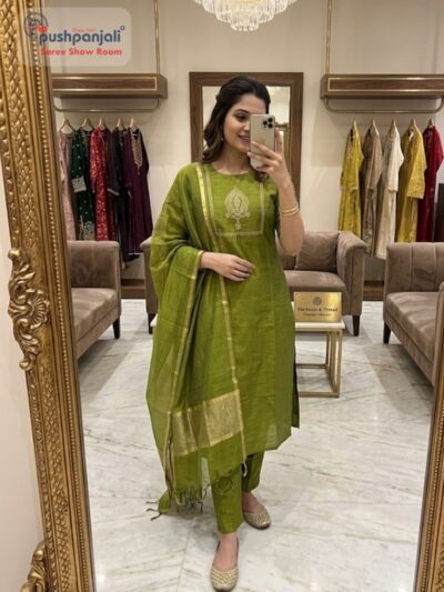 Mehendi Green Straight Kurta Set with Golden Border Dupatta
