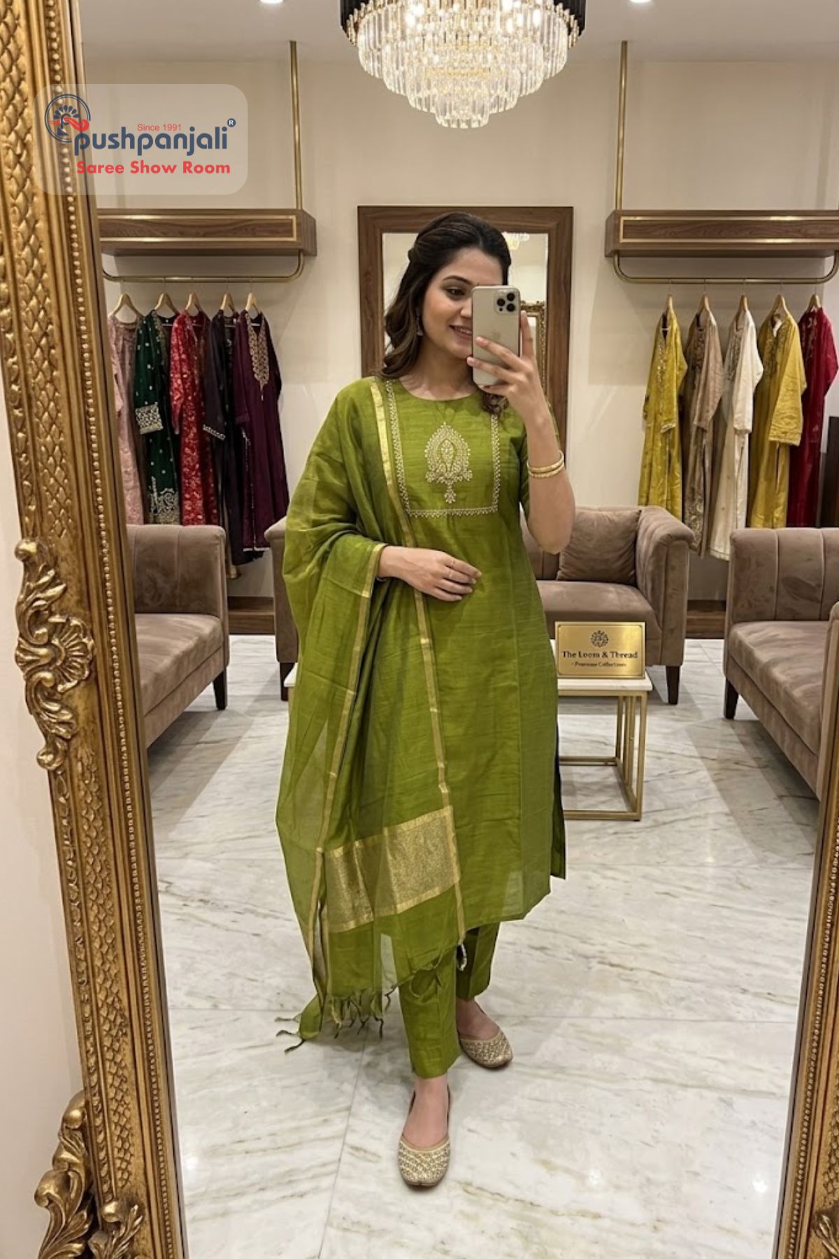 Mehendi Green Straight Kurta Set with Golden Border Dupatta