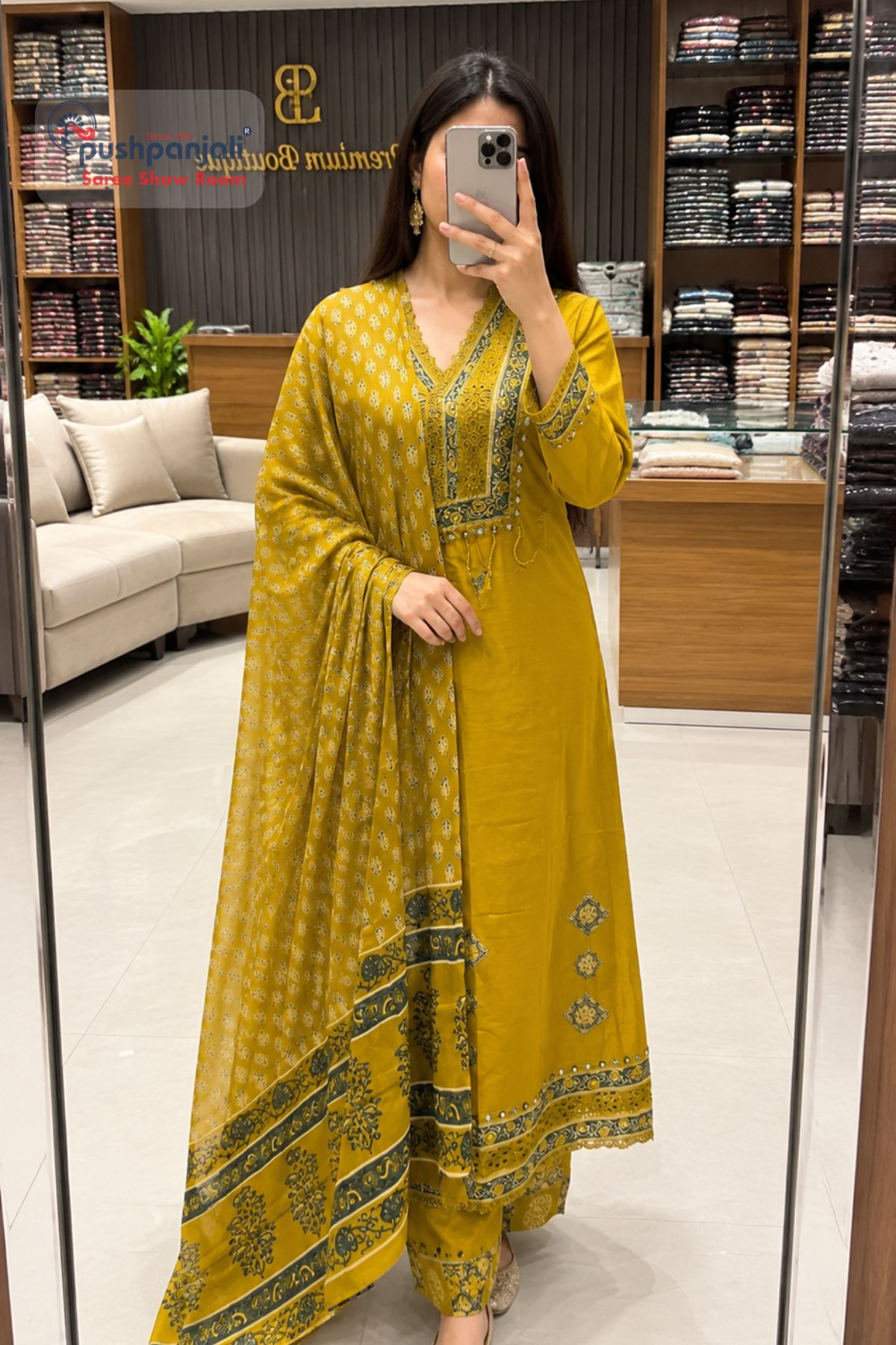 Mustard Yellow A-Line Kurta Set with Printed Dupatta