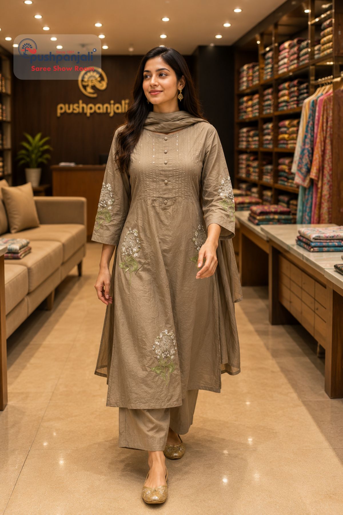 Olive Taupe Embroidered A-Line Kurta Set with Dupatta - Image 2