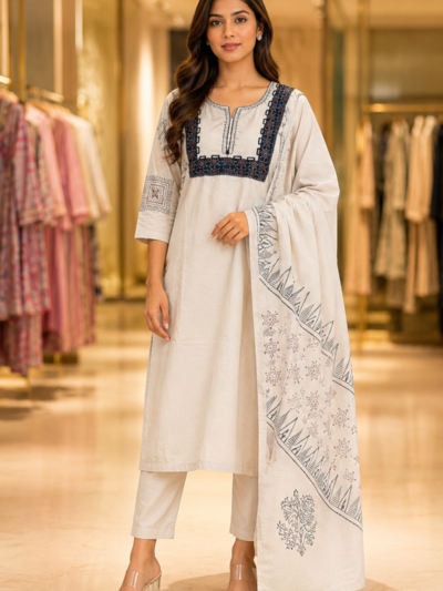 Butter Off-White Embroidered Straight Kurta Set with Dupatta