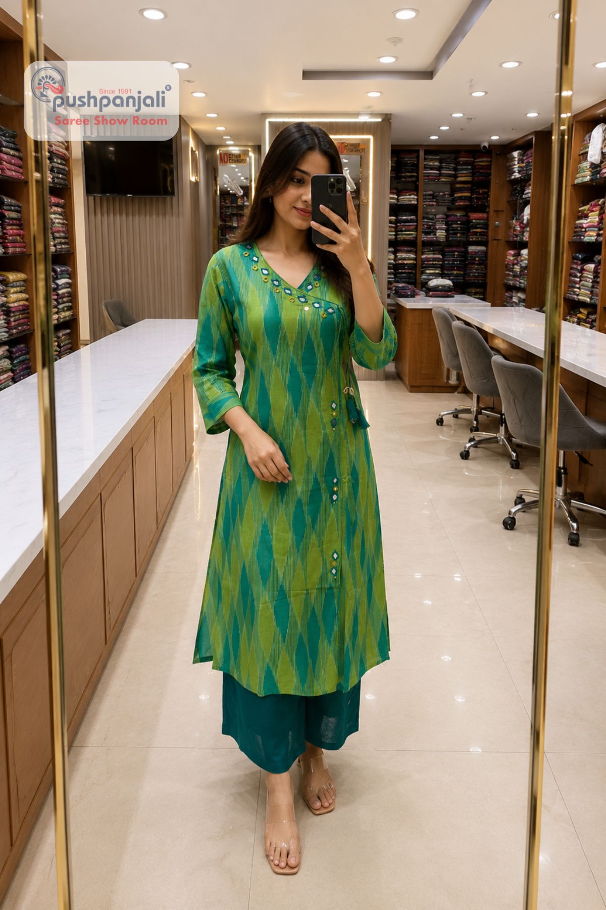 Lime Green Ikat Print Straight Kurta Pant Set - Image 2