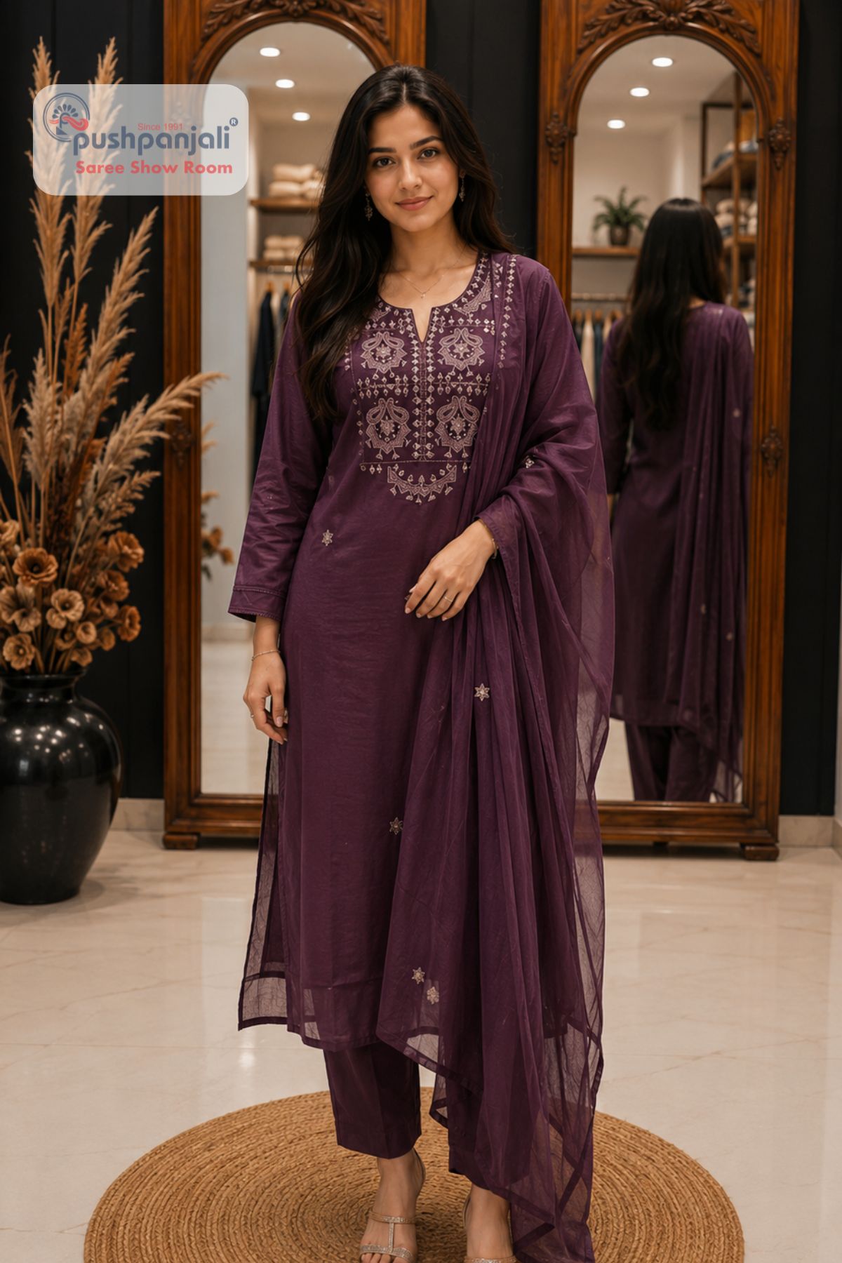 Purple Heritage Embroidered Straight Fit Suit Set - Image 2