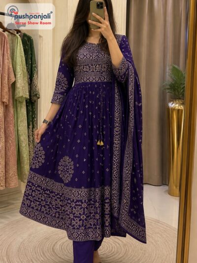 Royal Purple Printed A-Line Kurta Set with Dupatta