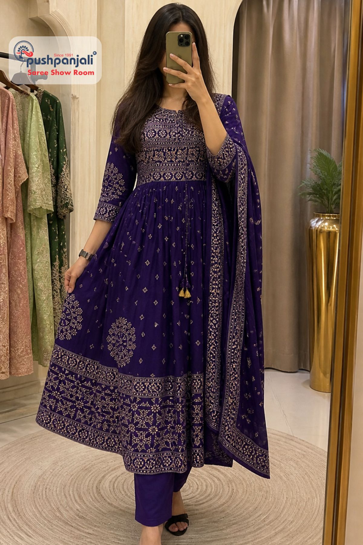 Royal Purple Printed A-Line Kurta Set with Dupatta
