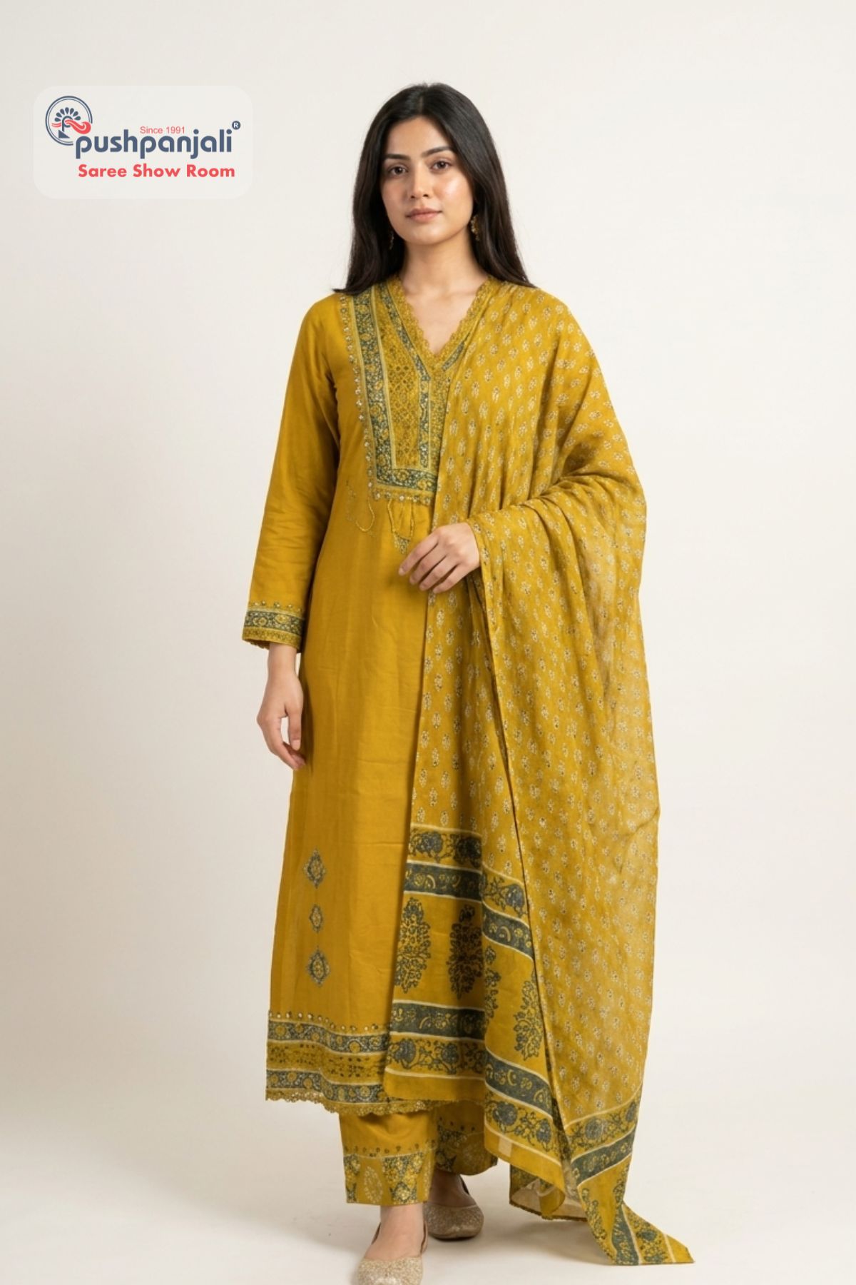 Mustard Yellow A-Line Kurta Set with Printed Dupatta - Image 3