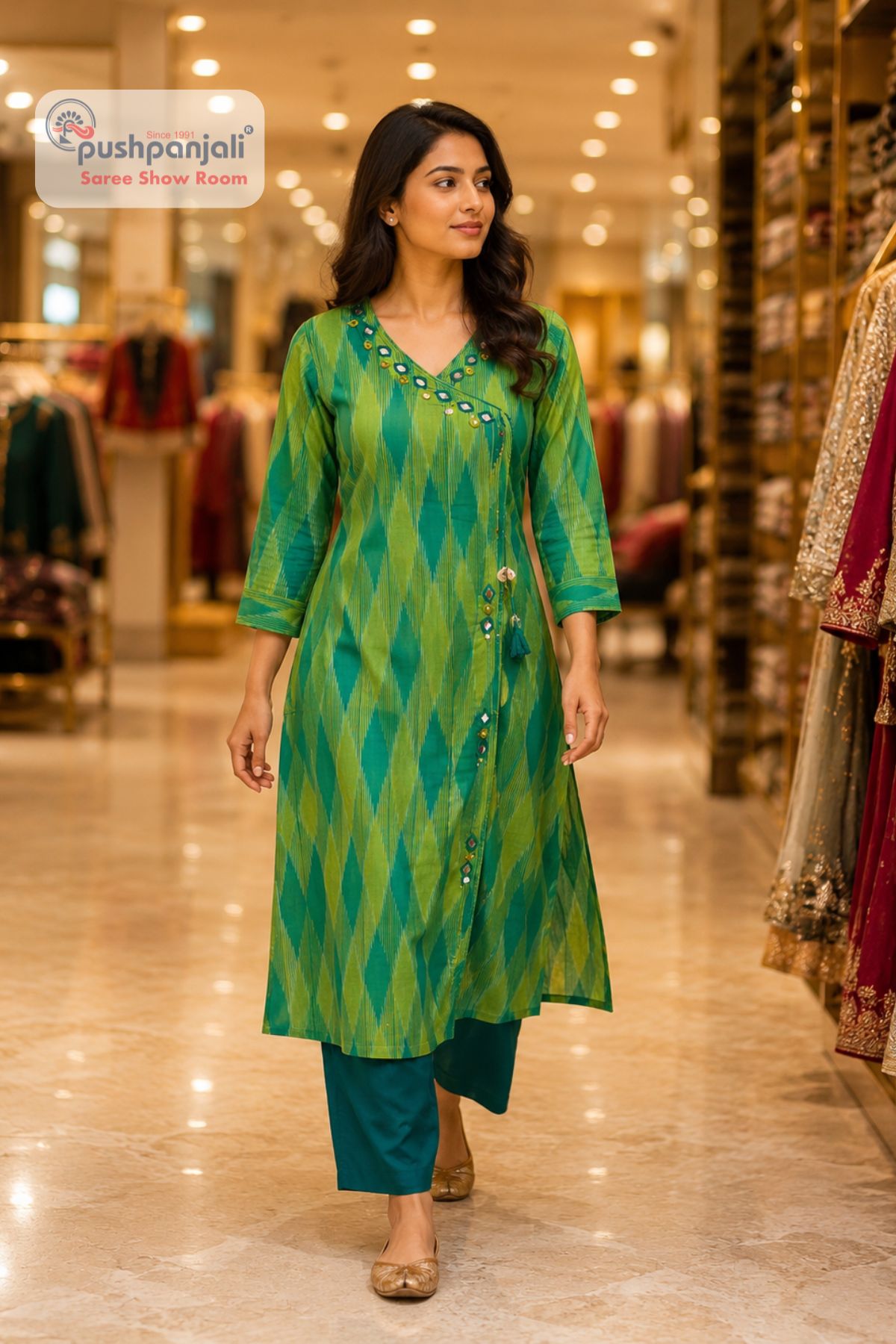 Lime Green Ikat Print Straight Kurta Pant Set - Image 3