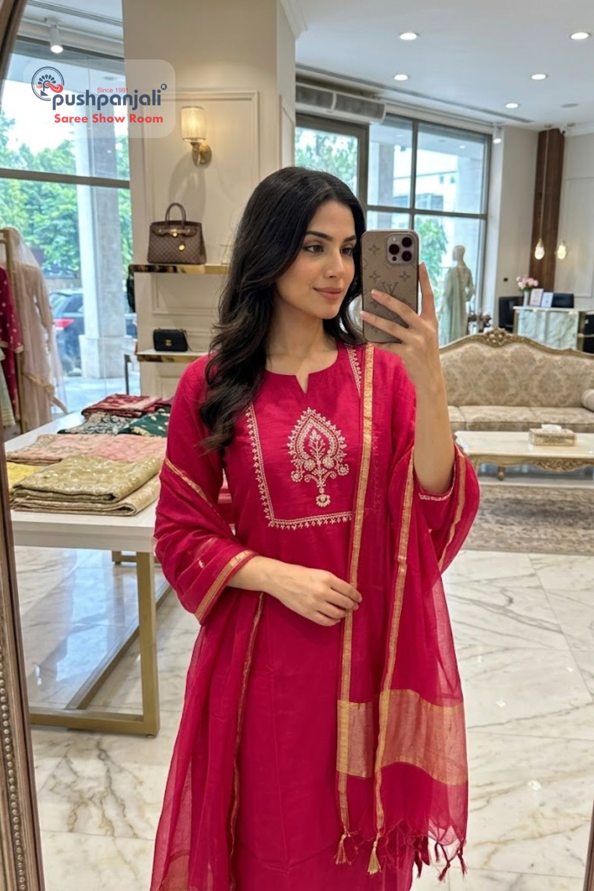 Rani Pink Straight Kurta Set with Golden Border Dupatta